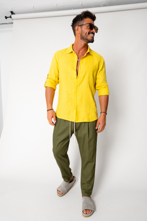 Linen long regular pants whit cord Kaki [3]