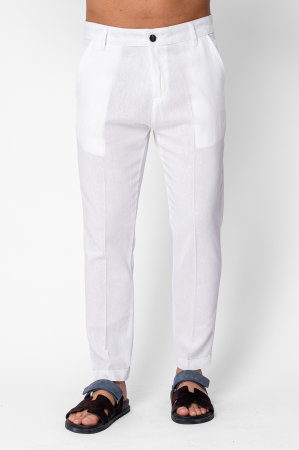 NOUTATI - Pantaloni lungi din in cu nasture White