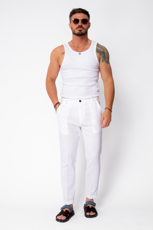 Pantaloni lungi din in cu nasture White [3]