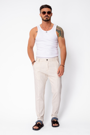 Pantaloni lungi din in cu nasture Beige [4]