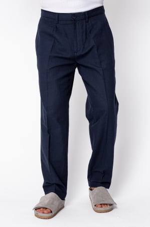 Pantaloni - Pantaloni lungi din IN cu nasture si tiv intors Navy