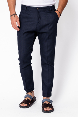 NOUTATI - Pantaloni lungi din in cu nasture Navy