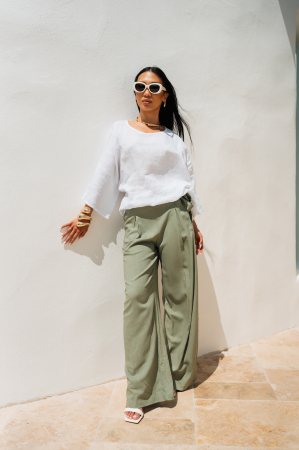 PROMOTII - Pantaloni lungi din mix de in Olive