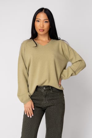 WOMEN - 100% Cashmere V-neck Sweater, Olive