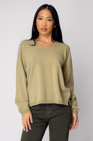 100% Cashmere V-neck Sweater, Olive [3]