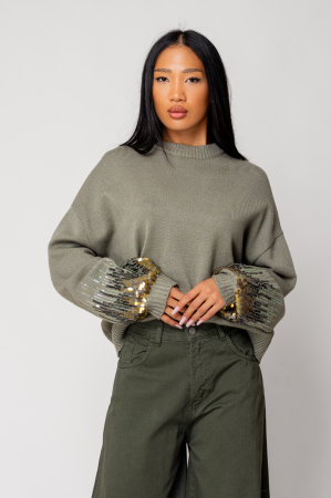 FEMEI - Pulover cu paiete Light Olive