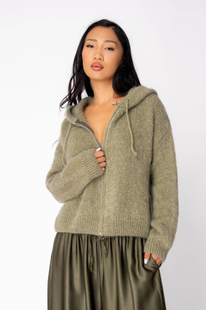 Pulovere - Pulover cu fermoar mix de lana si mohair Light Olive