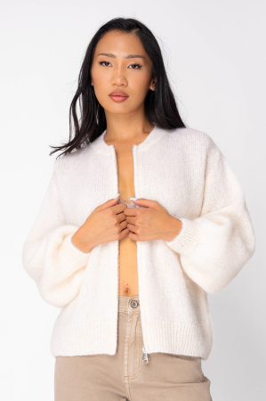 Pulover cu fermoar mix de lana si mohair Off White [1]