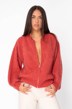 Pulovere - Pulover cu fermoar mix de lana si mohair Terracotta Rose