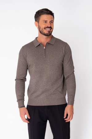 MEN - Sweater with collar and short zip Brown