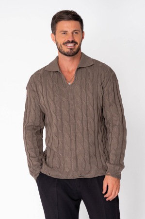 BARBATI - Pulover cu guler V cut Ripped Brown