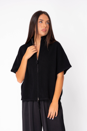 Pulover  cu maneca scurta si fermoar din 100% Lana, Black [1]