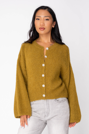 Pulovere - Pulover cu nasturi mix de lana si mohair alpaca Mustard
