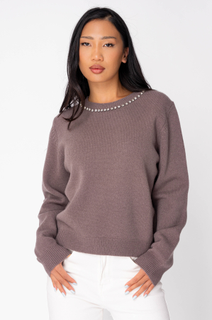 Pulovere - Pulover cu strasuri din 100% Lana Taupe