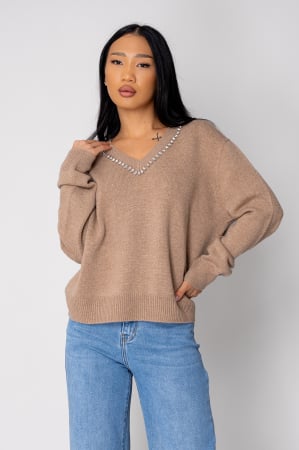 Pulovere - Pulover cu strasuri din lana si casmir Beige