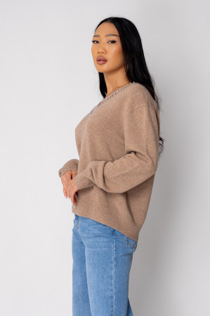 Pulover cu strasuri din lana si casmir Beige [1]