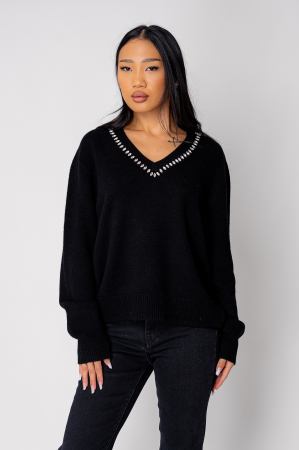 Pulovere - Pulover cu strasuri din lana si casmir Black