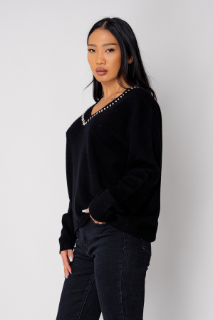 Pulover cu strasuri din lana si casmir Black [1]