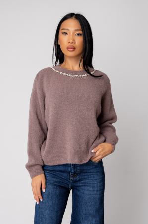 Pulover cu strasuri din mix de lana si alpaca Taupe [1]
