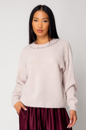 NOUTATI - Pulover cu strasuri din mix de lana si alpaca Beige