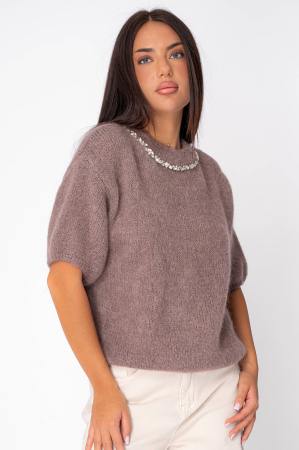 Pulovere - Pulover cu strasuri din mix lana si mohair Taupe