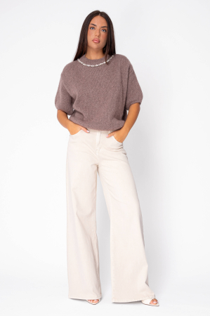 Pulover cu strasuri din mix lana si mohair Taupe [3]