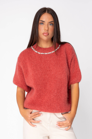 Pulovere - Pulover cu strasuri din mix lana si mohair Terracotta Rose