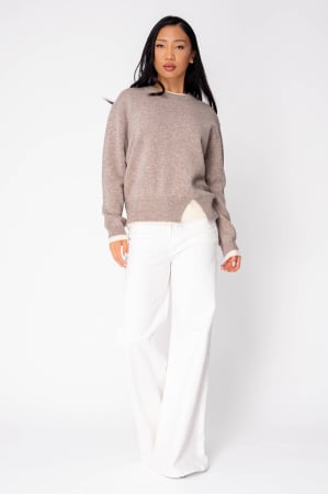 Pulovere - Pulover  din 100% Lana, Taupe/Off White