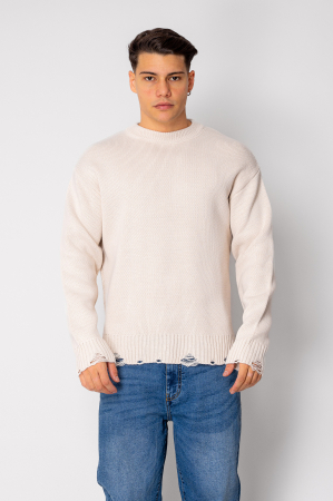 BARBATI - Pulover din mix de lana cu efect de rupturi Beige New