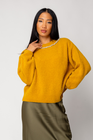 Pulover cu strasuri din mix de lana si alpaca Mustard [0]