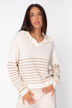 Sweaters - Off White/Beige Striped Wool and Cashmere Blend Sweater