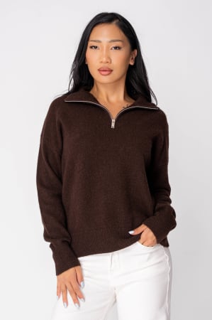 FEMEI - Pulover tip bluza cu fermoar scurt din 100% Lana, Brown