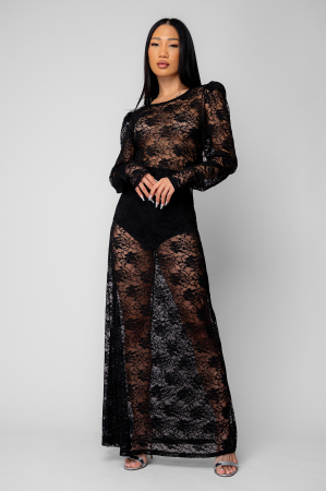 Femei - Rochie cu maneca lunga din dantela Black