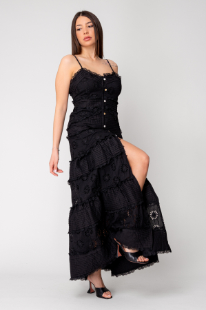 SALE - Long dress with buttons and embroidery Black