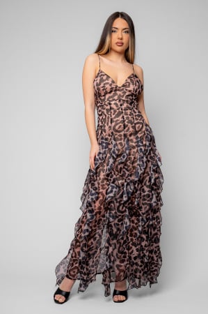 Women - Long dress with straps and ruffles Animal Print Cream/Black