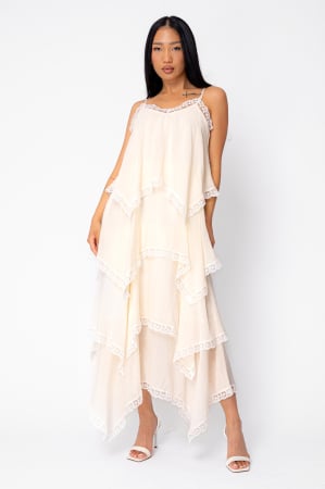 NEW - Long dress with straps and ruffles Cream