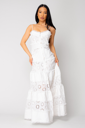 SALE - Long dress with buttons and embroidery White