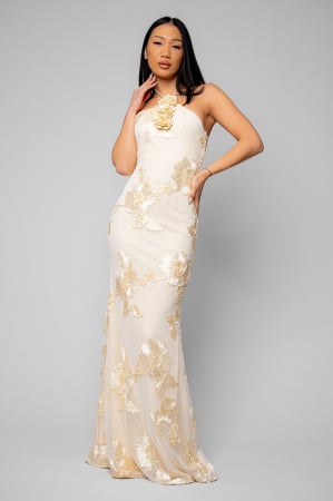 Women - Long tight dress with embroidery Cream