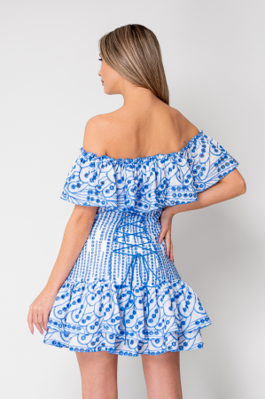 Short off-shoulder dress 100% Cotton Off White/Blue [2]