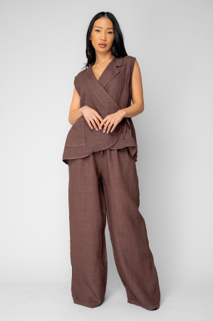 FEMEI - Set Vesta si Pantalon lung din 100% in Brown