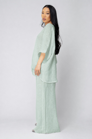 Asymmetrical Blouse and Long Pants Set 100% linen Light Olive [2]