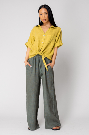 Shirt and Long Pants Set 100% linen Lime Green/Kaki [0]