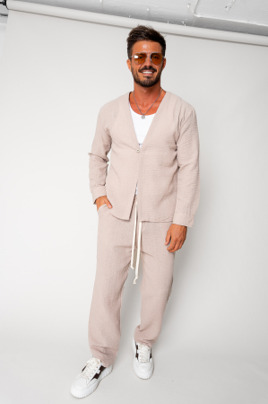 OUTLET - Set bluza cu un nasture si pantalon lung Beige