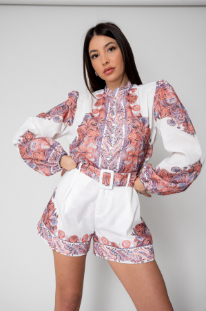 Sale Women - Long sleeve shirt and short pants set White/Brown