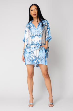 Set Shells bluza si pantalon scurt din mix matase Off White/Blue [7]