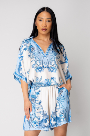 PROMOTII - Set Shells bluza si pantalon scurt din mix matase Off White/Blue