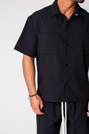 Black button-down shirt and short pants set [4]