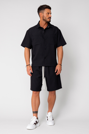 Black button-down shirt and short pants set [1]