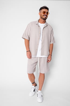 BARBATI - Set camasa cu maneca scurta si pantalon scurt Beige