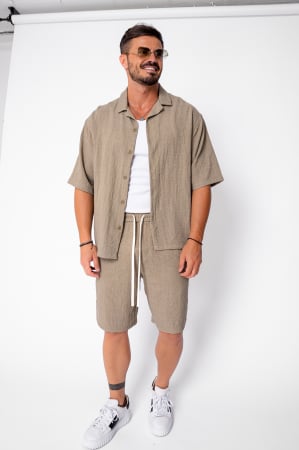 Promotii Barbati - Set camasa cu maneca scurta si pantalon scurt Kaki